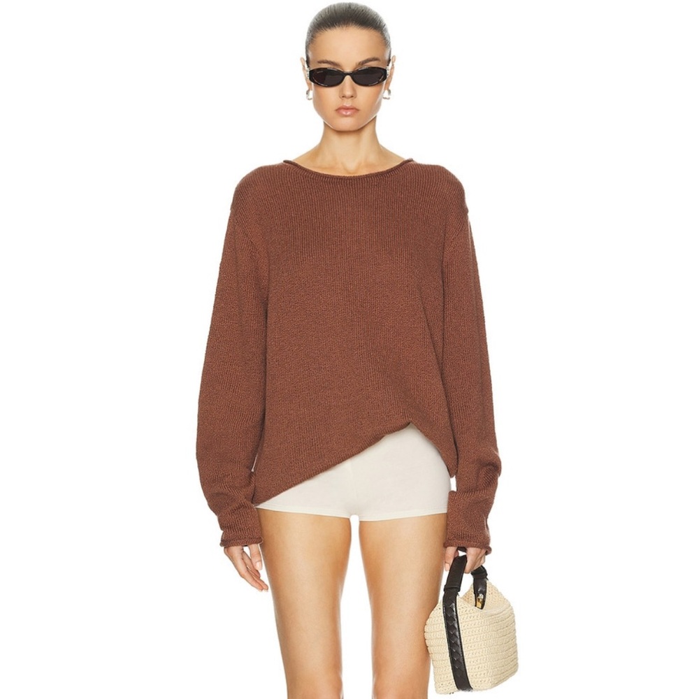 STUNNING Brown The Elder Statesman 100% Cotton Knit Solid Roll Crew Sweater